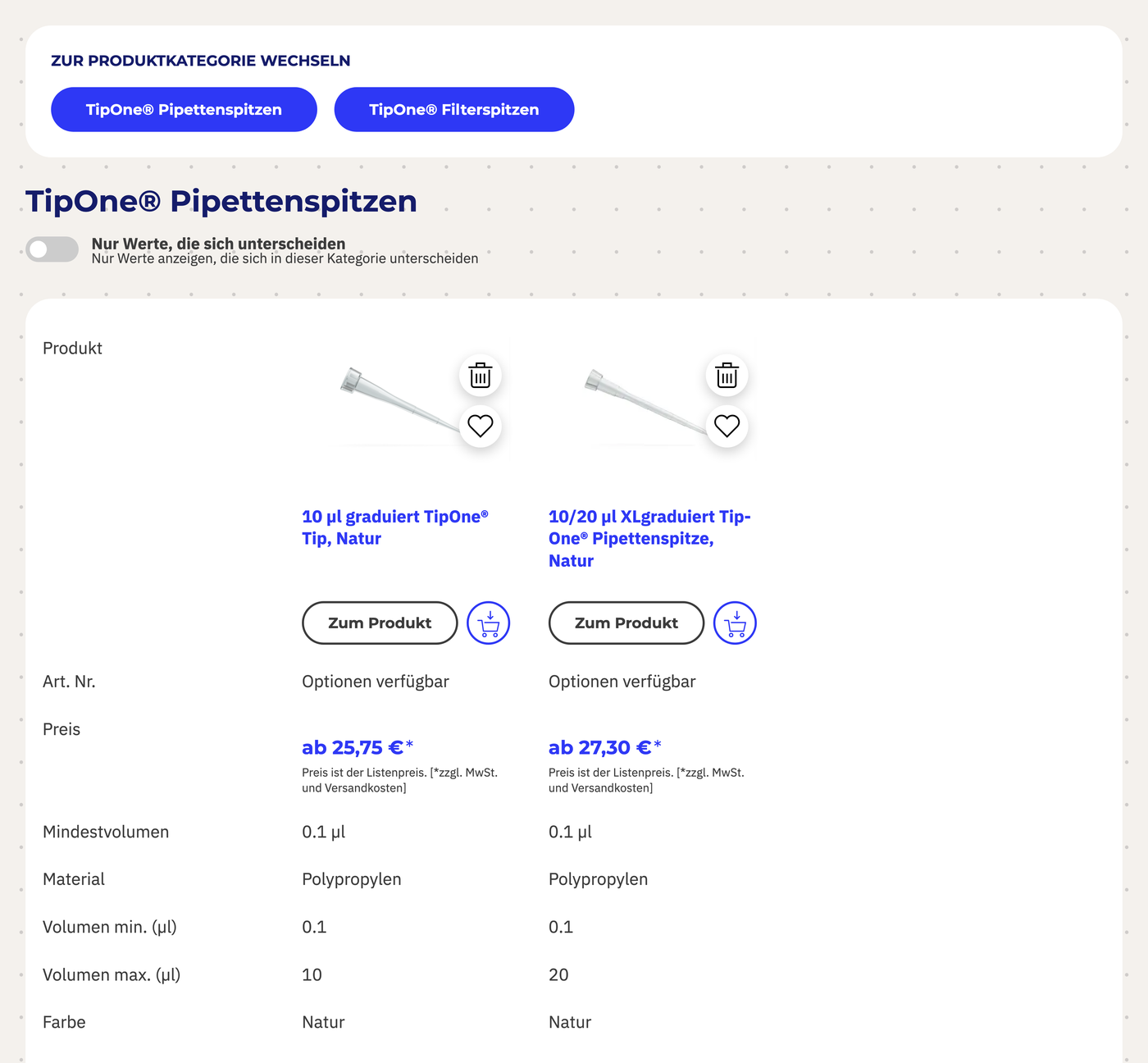 Die Vergleichsliste im Starlab QM Shop