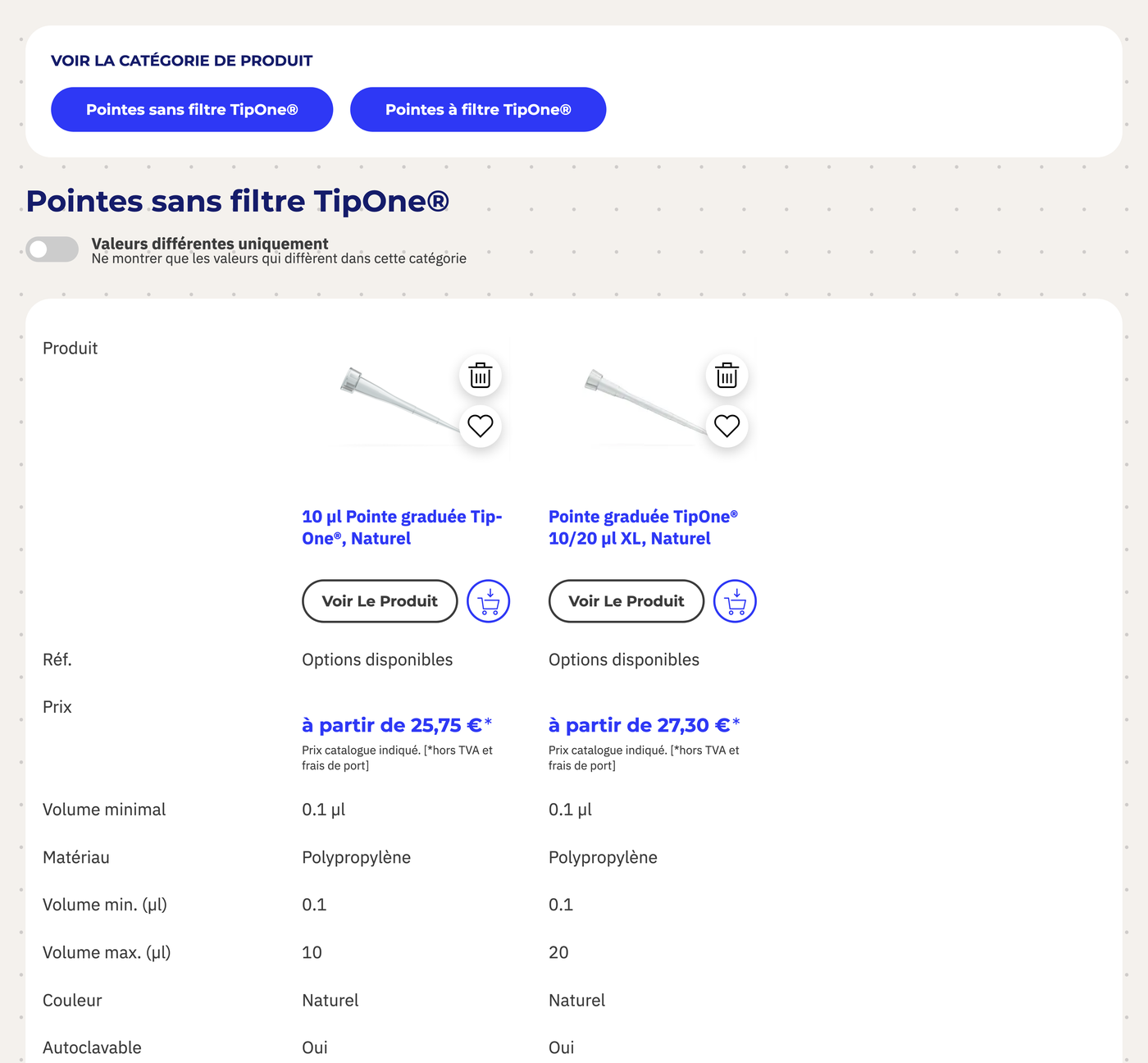 La Liste de comparaison dans le QM Shop Starlab