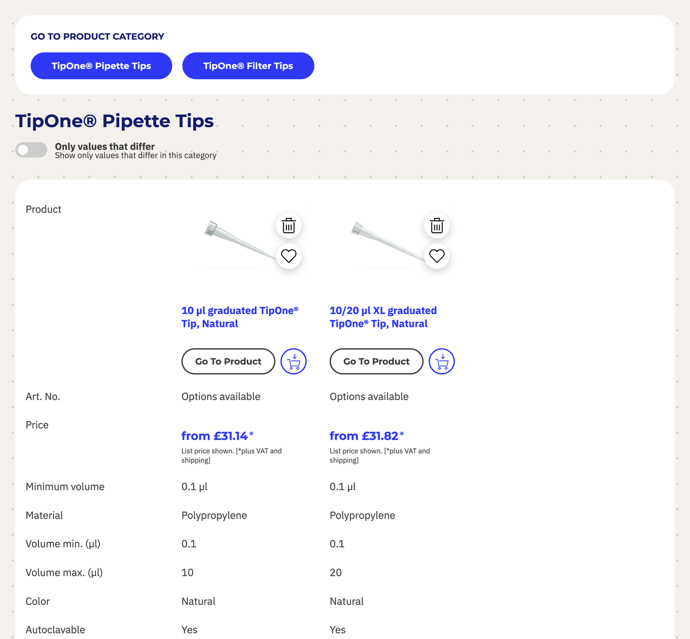 The Compare List in the Starlab QM Shop