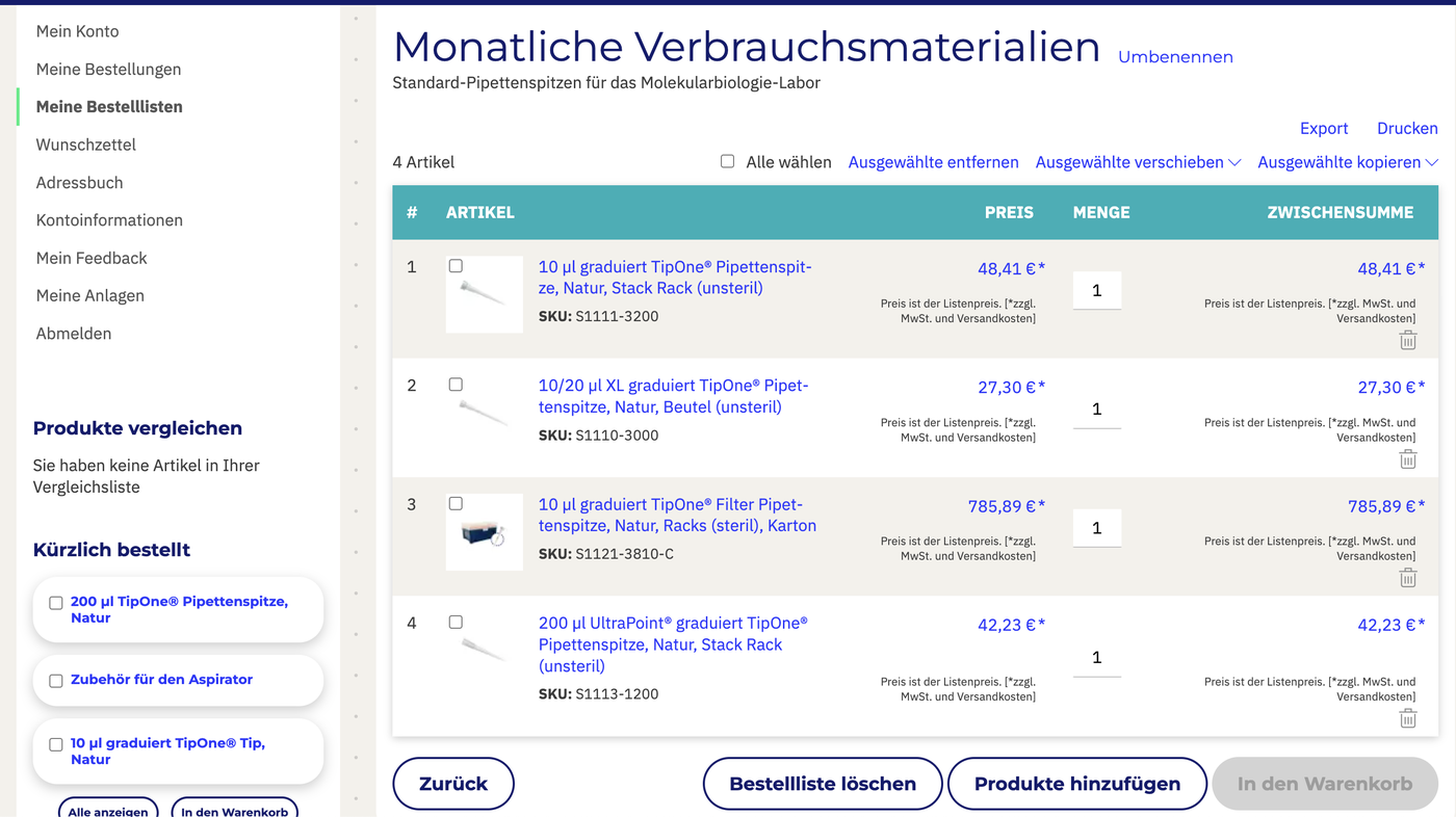 Eine Bestellliste in Ihrem Starlab Konto