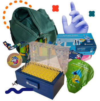 A collection of promotional items including a green hoodie, a box of StarGuard gloves, a transparent container with yellow items, and various colorful accessories, all arranged in a visually appealing layout.
