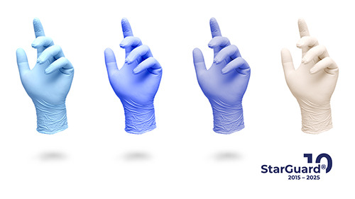 Four gloved hands pointing upwards, showcasing shades of blue and a white glove on the far right. The StarGuard® logo is displayed with 'StarGuard 10' and '2015 - 2025' at the bottom right.